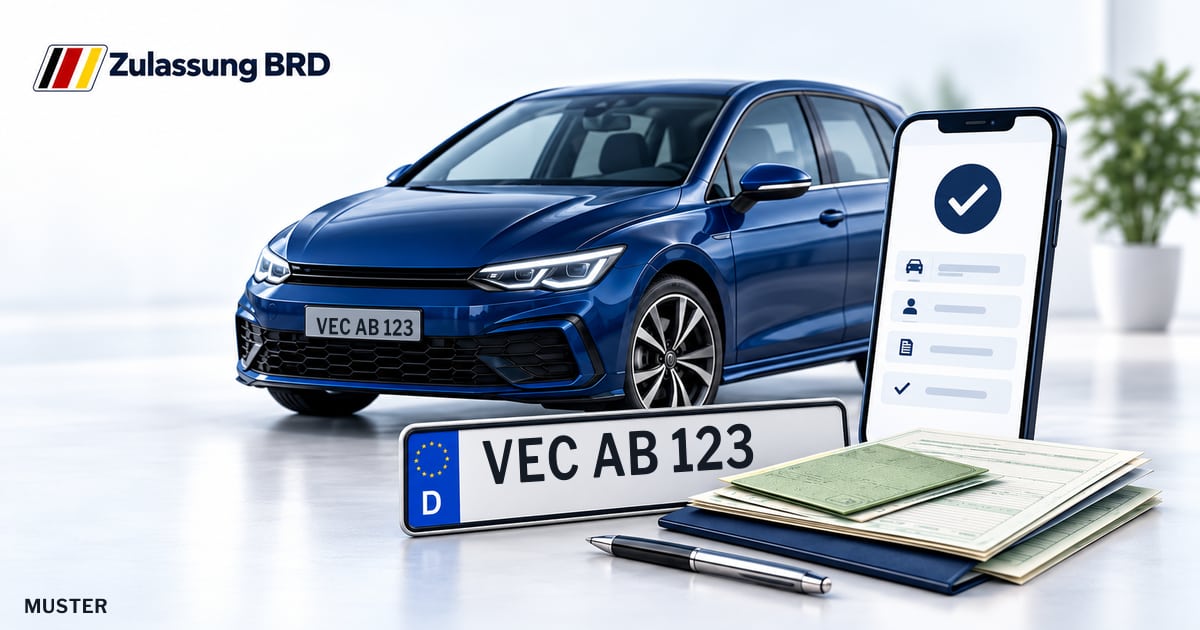 Online Fahrzeugzulassung in Vechta: Musterkennzeichen VEC AB 123, Auto und Fahrzeugpapiere und Smartphone. Illustration mit Logo von Zulassung BRD.